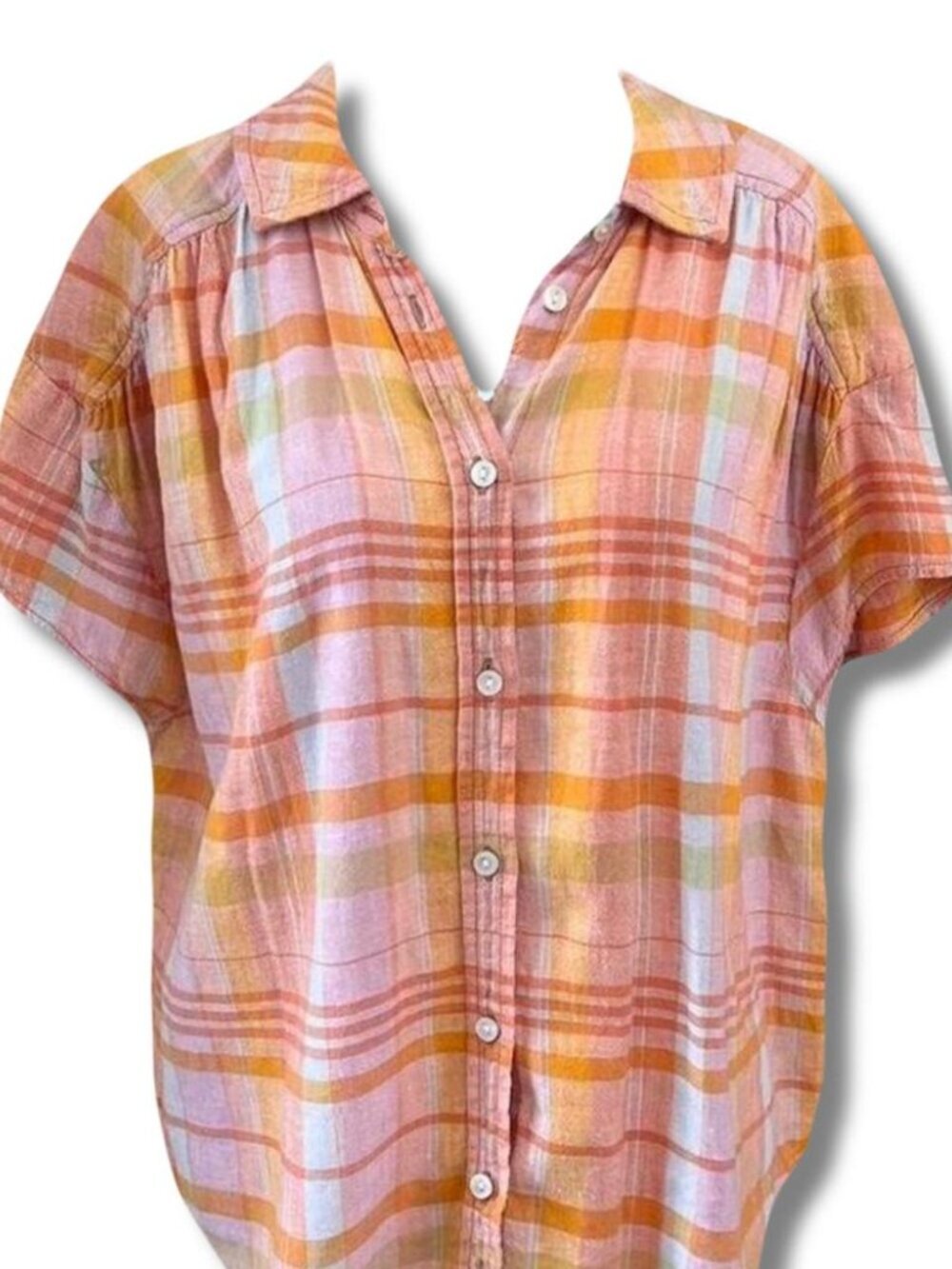 American Eagle Orange and Pink Plaid Button Up Blouse Size Small